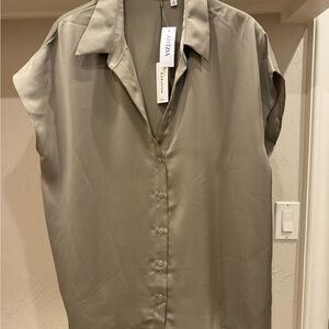 Aritzia Taupe Satin Short Sleeve Shirt